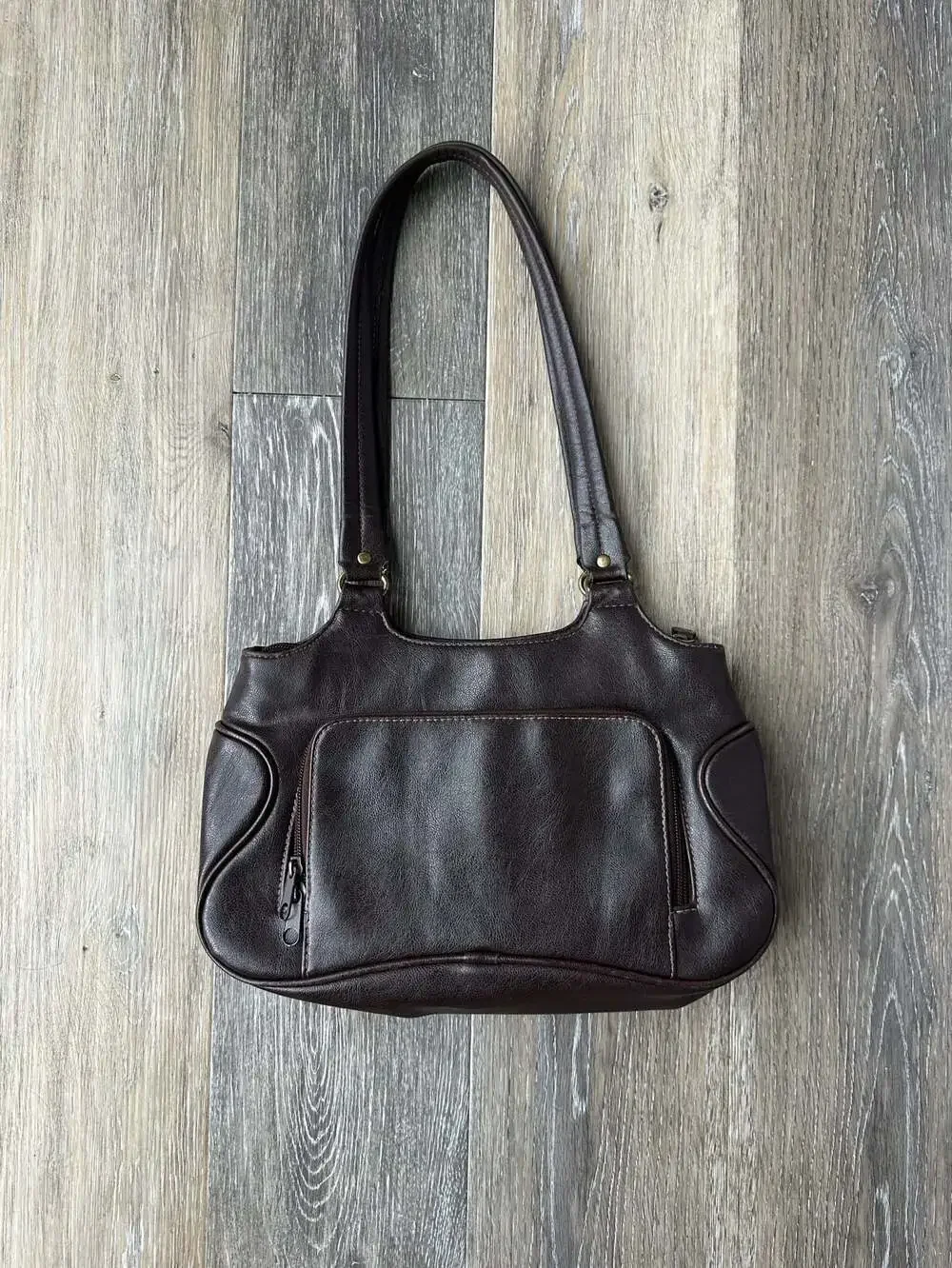 Y2K Brown Leather Utility Shoulder Bag Multi Pocket Cargo Purse & Wallet